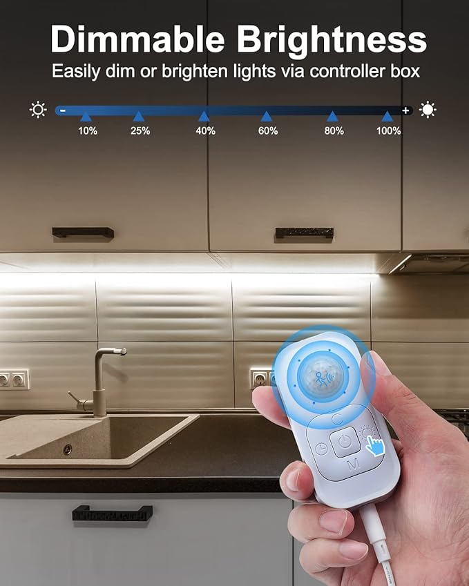 Feuymoent Motion Sensor LED Strip Light - Cabinet Strip Lights with 24W Plug, Dimmer and Timing, Indoor Light Strips for Kitchen Cabinets, Stair, Under Bed, Showcase, Bedroom, 9.84ft 6000K ColdWhite