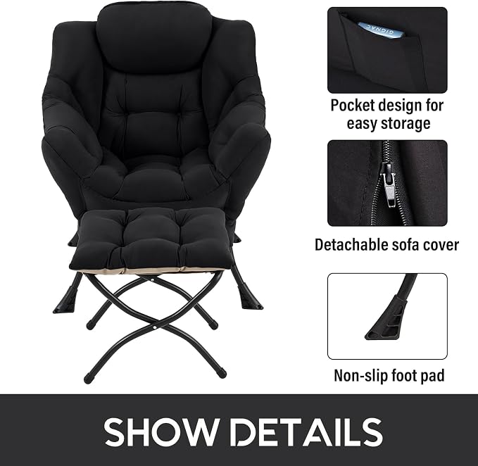 Lazy Chair with Ottoman, Comfy Accent Reading Chair, Removable Cover, with - Image 4