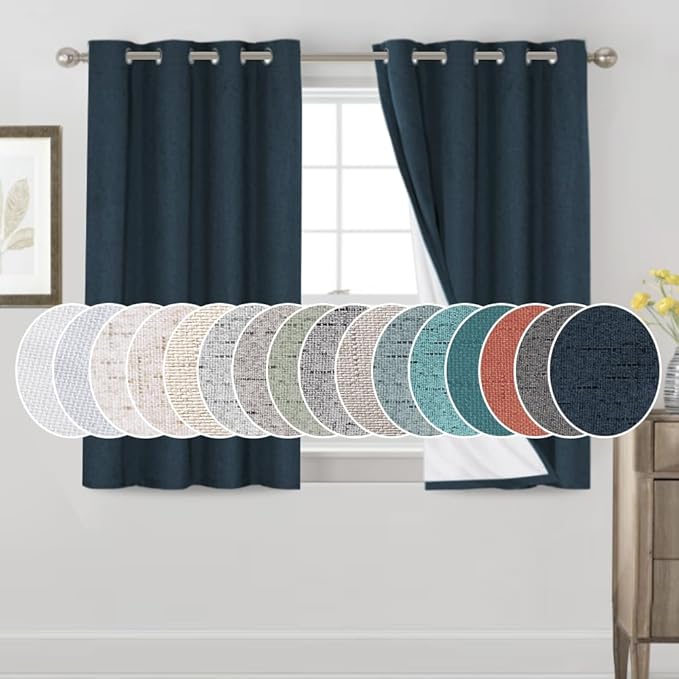 PrinceDeco 100% Blackout Curtains 54" Long for Dining Room Soundproof Window Treatment Drapes for Nursery Thermal Insulated with White Liner Short Textured Grommets Curtains 2 Panels Set,Navy