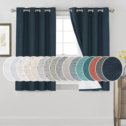 PrinceDeco 100% Blackout Curtains 54" Long for Dining Room Soundproof Window Treatment Drapes for Nursery Thermal Insulated with White Liner Short Textured Grommets Curtains 2 Panels Set,Navy