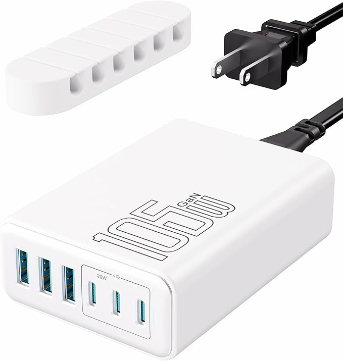 USB C Fast Charger, 105W GaN 6-Port Desktop USB Charging Station Hub, USB C Charger Block Wall Charger for iPhone 17/16/15/14/13/12/11, iPad, Samsung and More (Cable Organizer Included)