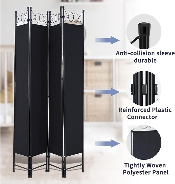 Room Divider 4 Panels 6FT Room Divider Black Privacy Panel Screens | Wall - Image 2