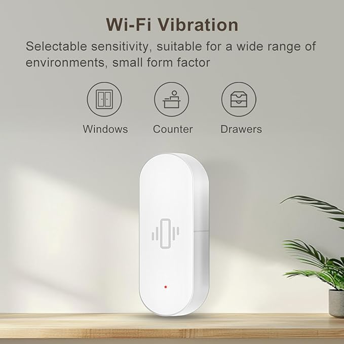 Smart Vibration Sensor: Wireless Glass Break Detector, WiFi Door Sensor with App Alerts, Adjustable Sensitivity, Glass Break Security Sensor for Alarm System and Smart Home Automation (2-Pack)