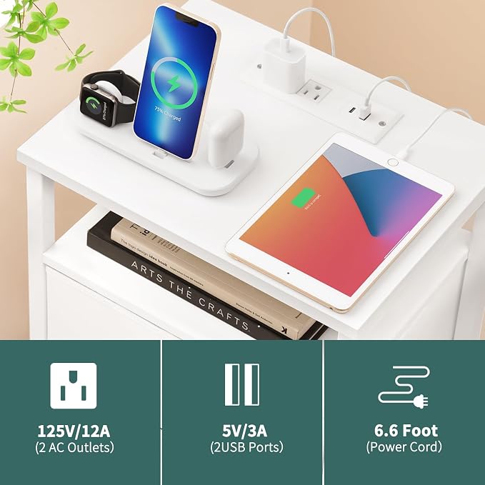 Yoobure Night Stand with Charging Station, LED End Table and Storage Shelf - Image 6