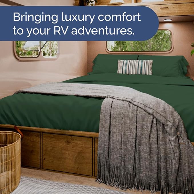 RV Short Queen Sheet Set 60 X 75 - 4 Piece RV Short Queen Bed Sheets - Soft, Breathable & Cooling - Designed for Bunks, Trailers & Campers - Fits 8” to 12" Mattress - Luxury Bedding - Emerald Green