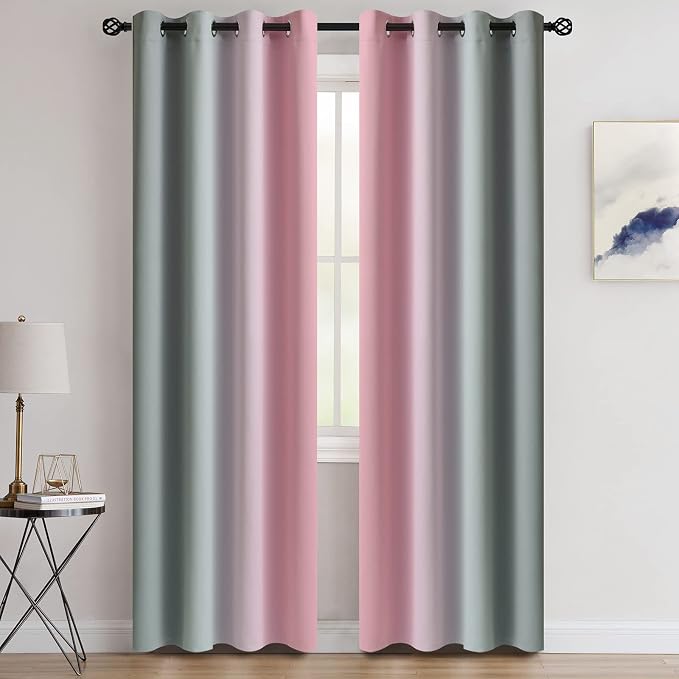 COSVIYA Grommet Ombre Blackout Pink and Grey Curtains, W52 x L84 inch | Room - Image 2