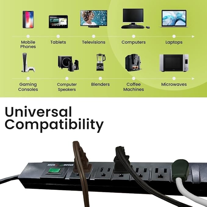 GoGreen Power Inc. (G-17636BK-2) 7 Outlet Surge Protector, 6FT Cord, Black, 2 Pack