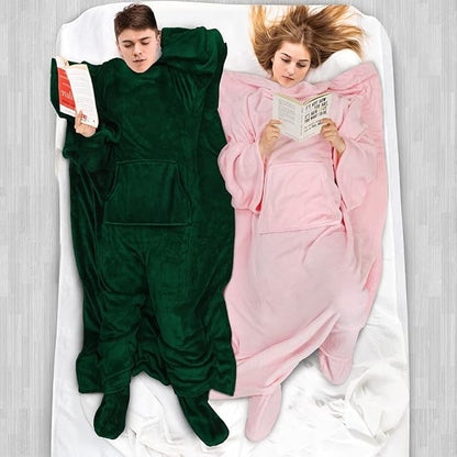 PAVILIA Fleece Blanket with Sleeves, Foot Pockets for Women Men Adults, Plush Wearable Blanket Throw Wrap, Warm Snuggle Blanket Robe, Cozy Gift Ideas Wife Mom, Dark Green