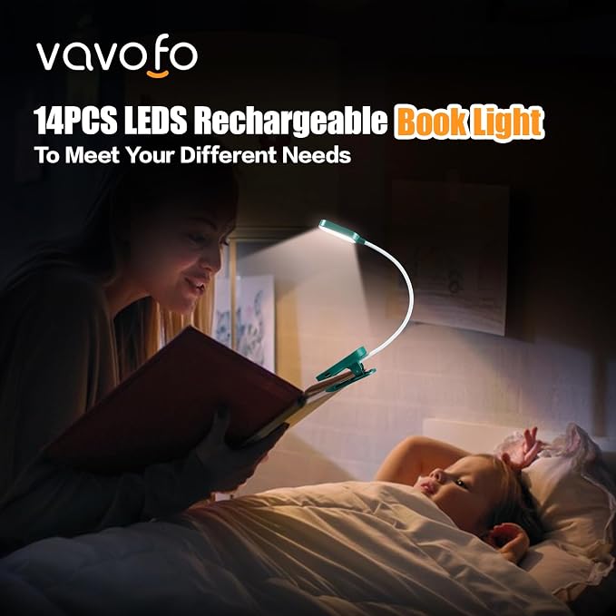 VAVOFO Rechargeable Book Light, 14 LEDs Eye Care Clip On Amber Reading Light - Image 2