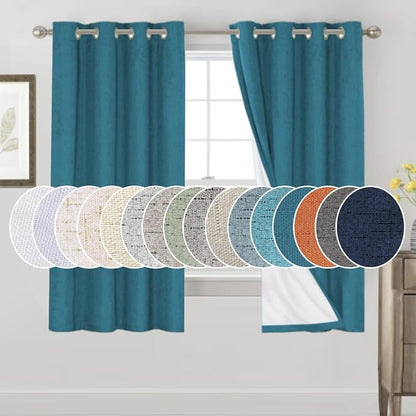 PrinceDeco Blackout Curtains 63 Inch Length Linen Textured 100% Thermal Insulated Curtains with White Liner for Bedroom Sun Blocking Linen Curtains for Living Room, W52 x L63, Set of 2, Blue Sapphire