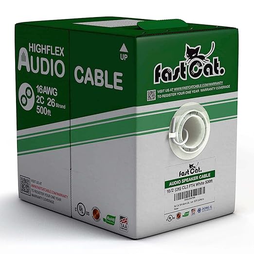 fast Cat. Speaker Wire 16 Guage 2C, UL Listed & CMR/CL3R-FT4 Rated - Speaker Cable w/PVC Jacket, 100% Oxygen-Free Pure Bare Copper - (26) MidFlex 16 Guage Wire - in-Wall Use-500ft Bulk Cable, White