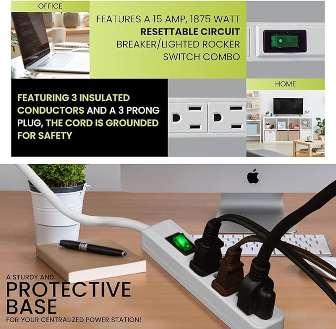 GoGreen Power Inc. (G-13002MS-2) 3 Outlet Power Strip, 2.5FT Cord, White, 2 Pack