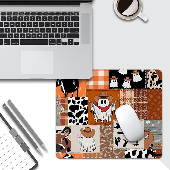 Ghost Cowboy Patchwork Halloween Square Mouse pad, Texture, Waterproof, Anti Slip Rubber Base, Computer Mouse pad, Laptop Mouse pad