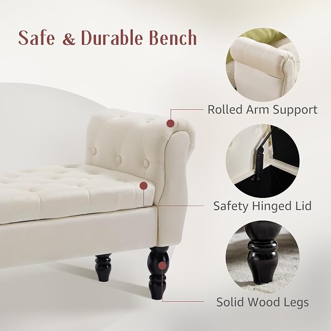 47.6" Storage Bench for End of Bed Bedroom, Velvet Ottoman Bench - Image 5
