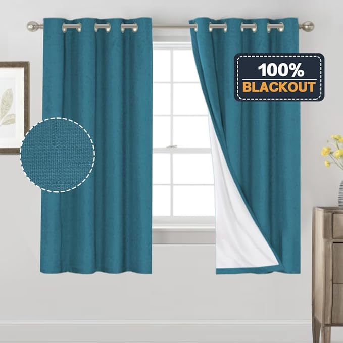 PrinceDeco Blackout Curtains 63 Inch Length Linen Textured 100% Thermal Insulated Curtains with White Liner for Bedroom Sun Blocking Linen Curtains for Living Room, W52 x L63, Set of 2, Blue Sapphire