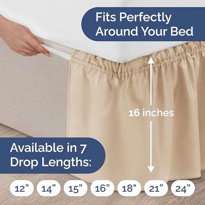 Wrap Around Dust Ruffle Bed Skirt - Cream - for King Size Beds w/ 16 Inch Drop - Easy Fit Elastic Strap - Adjustable Pleated Bedskirt w/Brushed Fabric, Wrinkle & Fade Free Women, Men, Kids & Teens