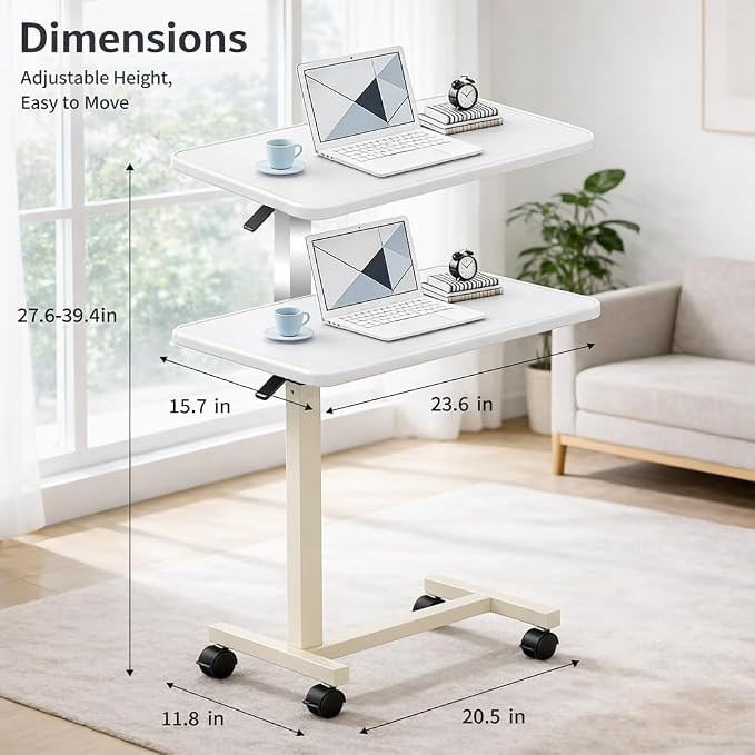 Adjustable Overbed Table with Wheels, Pneumatic Height Lift Rolling Bedside - Image 2
