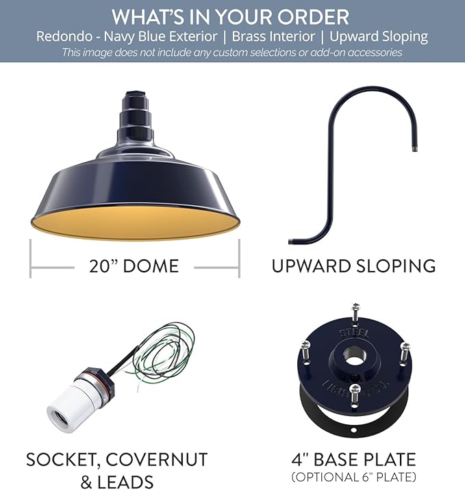 Steel Lighting Co. Large Outdoor Barn Light | Gooseneck Light Fixture | Made in America from 18-Gauge Steel | 20" Dome | Upward Sloping Gooseneck Navy Blue Exterior/Brass Interior