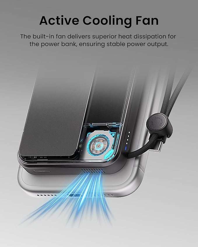 sharge ICEMAG 3 MagSafe Portable Charger, Qi2 25W Magnetic Power Bank 10000mAh 35W USB-C Fast Charging, with Active Cooling& Built-in Cable, Transparent RGB Design for iPhone 17/16/15/14 Series