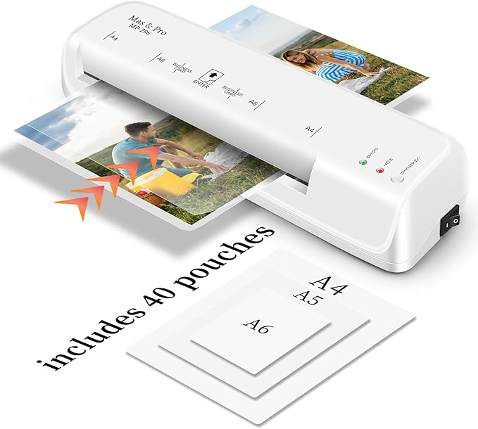 Mas & Pro Thermal Laminator Machine 9 Inch with 40 Laminating Sheets, Hot & Cold, Anti-Jam, Fast Warm-Up, 2-Roller, Portable for Home Office School, Letter Size/A4/A5/A6/Photo/Document, White