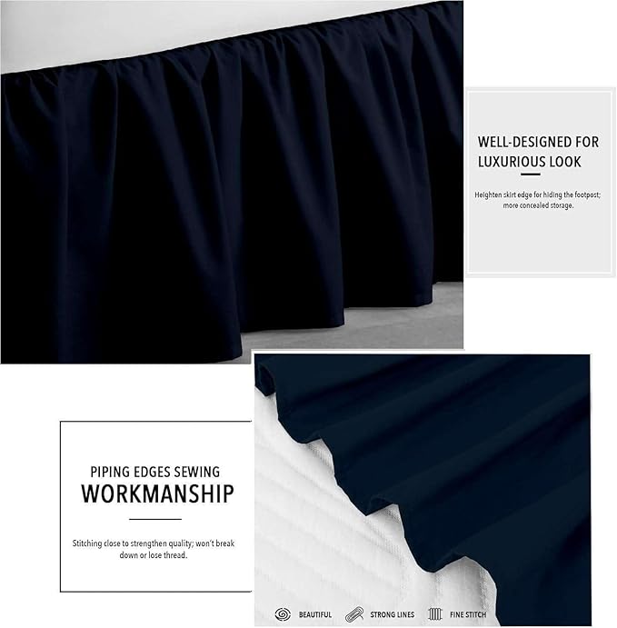 Navy Blue Solid Ruffled Bed Skirt Queen-XL-20 Inch Drop Split Corner, Microfiber Bedskirt with Platform Three Sided Coverage