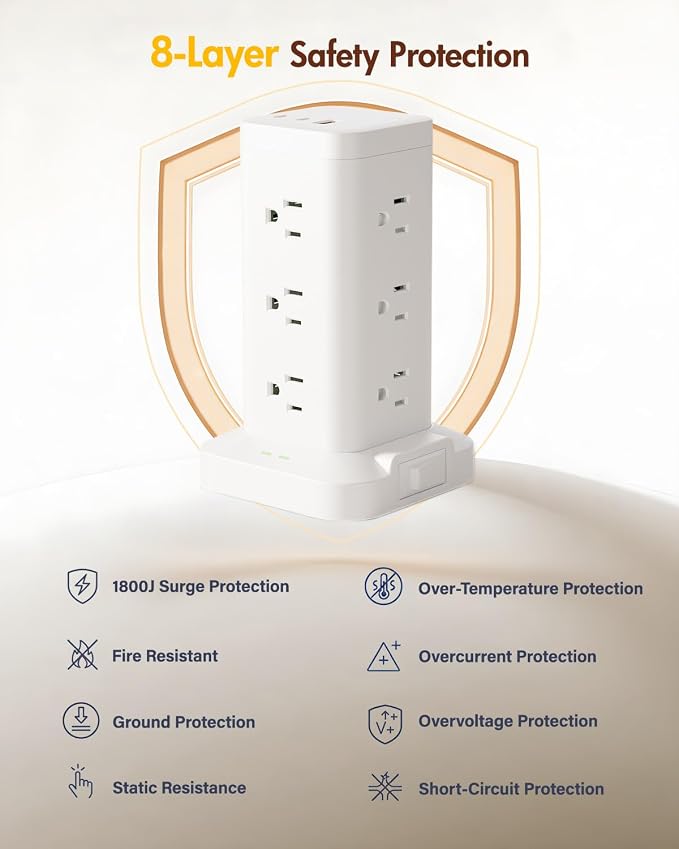 Power Strip Tower with Surge Protector 1800J, Fast Charging Tower PD20W USB-C - Image 8