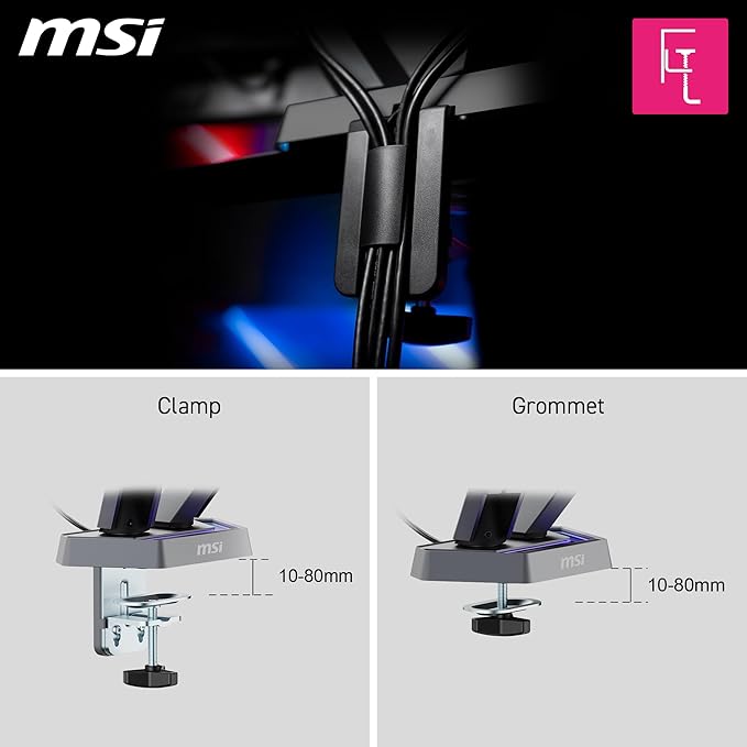 MSI MPG MT161DR - Premium RGB Dual Monitor Stand Arms, 17-38" Support, VESA Compatible, Adjustable Spring Assisted Mount, 35.2 lbs per Screen Capacity, Clamp & Grommet, Quick Release Plate - Black