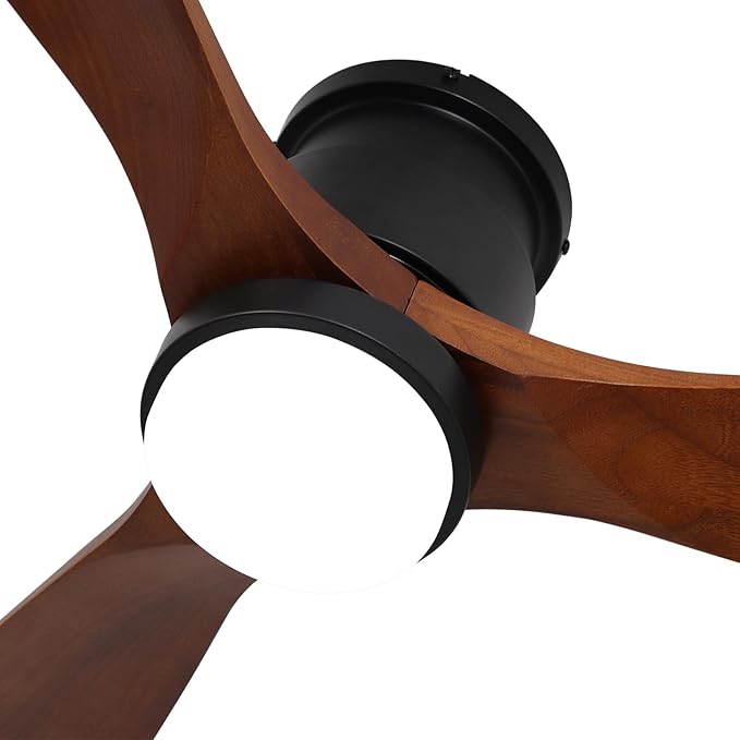 revoici 52" Ceiling Fans Flush Mount with Lights and Remote Control, Dark Brown Solid Wood Ceiling Fans for Indoor Outdoor Farmhouse, Timing 6 Speeds 3 Color Light with Memory Lighting