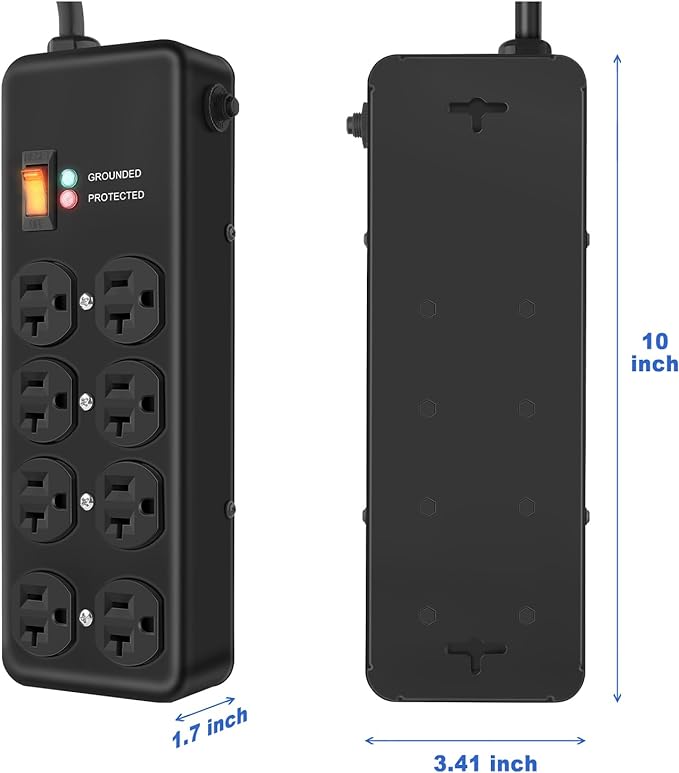 Heavy Duty Surge Protector 20Amp,Metal Power Strip with 8 Outlets,Wall Mount Surge Protector 4800J,12 Gauge 10FT Extension Cord 5-15P Adapter Workshop & Industrial Use with 6-20R T-Slot Outlets