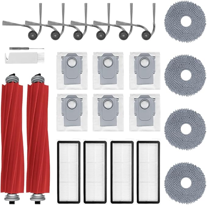 24Pcs QV 35A Accessories Kit Replacement Compatible with Roborock QV 35A/QV 35S/QR 598/QR 798 Robot Vacuum, 2 Main Brush, 4 Mop Cloth Pads, 6 Side Brushes, 4 HEPA Filters,6 Dust Bag, 1 Cleaning Tool