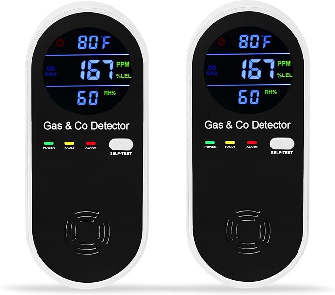 2 Packs Combination Natural Gas & Carbon Monoxide Detector,Koabbit 4-in-1 Explosive Gas & Carbon Monoxide Alarm with Temperature(°F) & Humidity for Home,RV,Hotel,Apartment