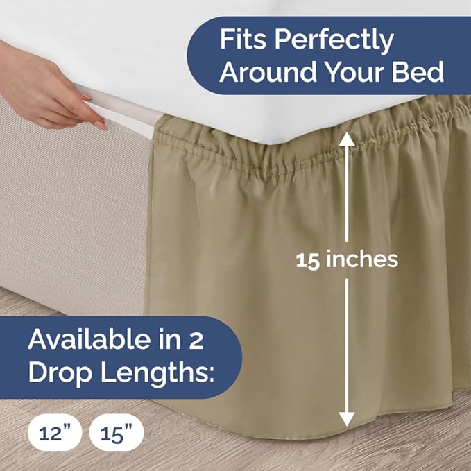 Wrap Around Dust Ruffle Bed Skirt - Khaki - for Queen Size Beds w/ 15 Inch Drop - Easy Fit Elastic Strap - Adjustable Pleated Bedskirt w/Brushed Fabric - Wrinkle Free - for Women, Men, Kids & Teens