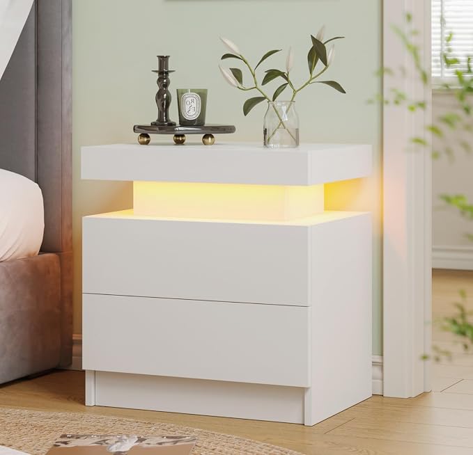 Modern White LED Nightstand for Bedroom Bedside Table by Unknown