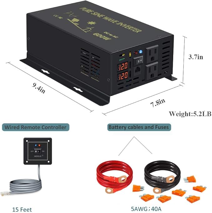 WZRELB 600W 12V 120V Pure Sine Wave Power Inverter with 2 AC Outlets Wired Remote Control