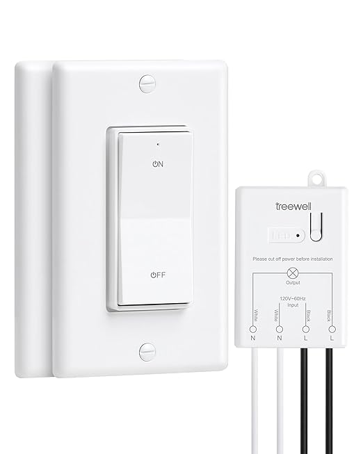 TREEWELL 3 Way Wireless Light Switch and Receiver Kit, Decorator Rocker Wall Switch, 200FT RF Range, No in-Wall Wiring Required, Programmable & Expandable for Ceiling Light, Fans, Lamps