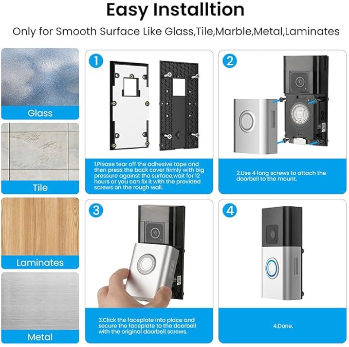 No-Drill Adhesive Mount for Ring Video Doorbell, Doorbell Bracket for Home Apartments Office (for Ring Video Doorbell 4, Battery Doorbell Plus/Pro)