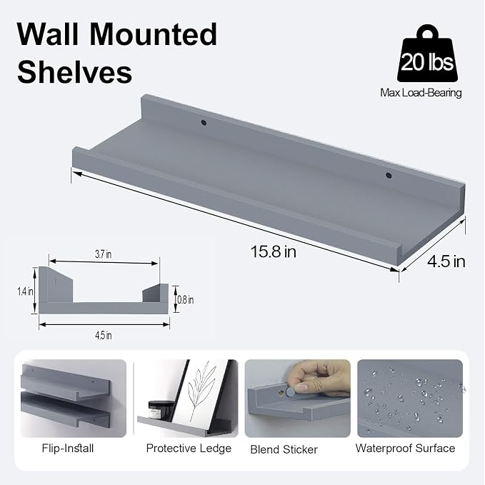 Grey Floating Shelves for Wall Decor, 16 in Shelf - Image 3