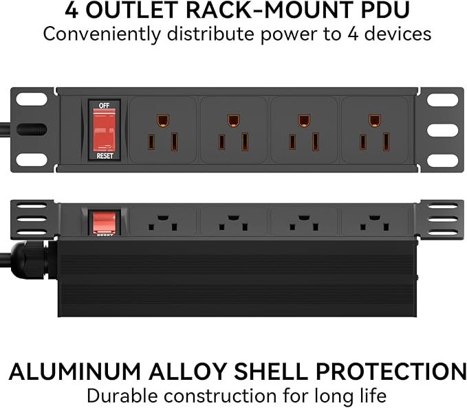 10" Rack PDU- 1U (4Outlets) 10-inch Mini Rack Power Distribution Unit with Protection (125V/15A 6ft Cable), Network Cabinet Rack Mount Power Strip (Wall, Desktop, or Server Rack Mountable)