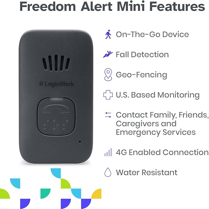 LogicMark Freedom Alert Mini, Home Medical Alert System for Seniors and Elderly, Wearable Mobile Device, 2-Way Calling, GPS, Fall Detection, Subscription Based