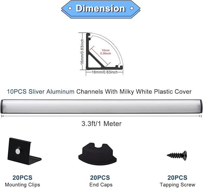 VST 20pack 3.3ft LED Channel, V Shape Led Diffuser Channel, LED Aluminum Channel System with Milky Cover, End Caps and Mounting Clips, Aluminum Profile for LED Strip Light Very Easy Installation