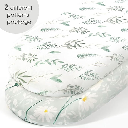 GRSSDER Stretchy Ultra Soft Fitted Bassinet Sheet Set 2 Pack, Universal Fit for Bassinets Baby Cradle Moses Basket Oval Rectangle Mattress, Watercolor Daisy Flowers Bassinet Sheets for Girls