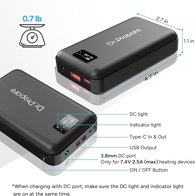 DR.PREPARE 16000mAh Battery Pack with 7.4V DC (3.8mm) & 5V USB Output for Heated Vest, Faster-Charging Power Bank with Type C in/Output, Portable Compact Battery for Eye Mask, iPhone, iPad