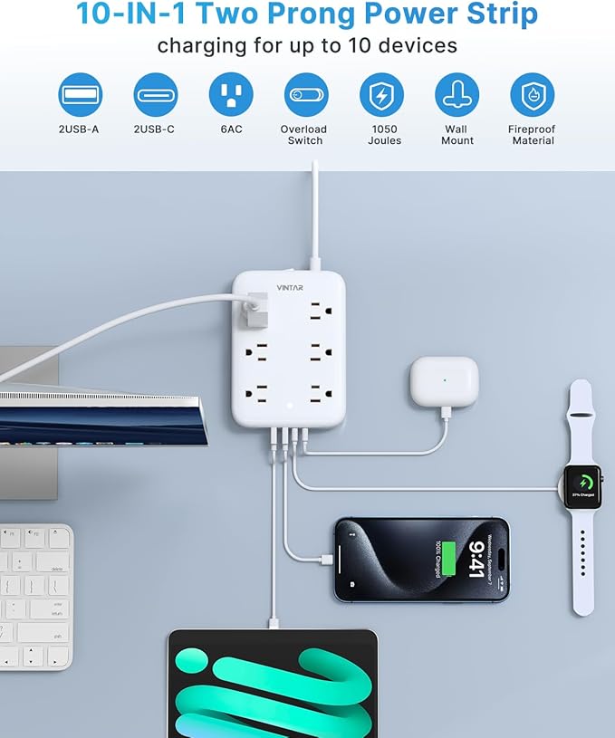 2 Prong Power Strip, VINTAR 2 Prong to 3 Prong Outlet Adapter, 6ft Extension Cord with 6 Outlets & 4 USB(2 USB-C), Two Prong Surge Protector, Flat Polarized Plug Wall Mount for Non-Grounded Outlet
