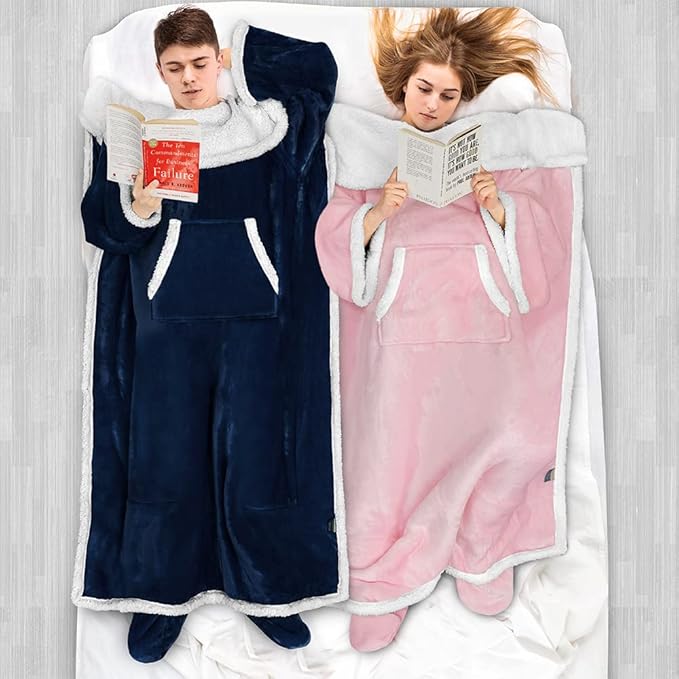 PAVILIA Sherpa Blanket with Sleeves, Foot Pocket for Women Men Adults, Thick Wearable Blanket Throw Wrap, Fleece Warm Snuggle Blanket Robe, Cozy Gift Ideas Wife Mom, Navy Blue