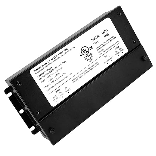 HitLights 200W Dimmable LED Driver, Electronic Transformer, 120V AC to 12V DC Power Supply for LED Strip Light, IP66 Rated, Dimming with TRIAC, 0-10V, 1-10V, Potentiometer, 10V PWM, UL Listed, Class 2