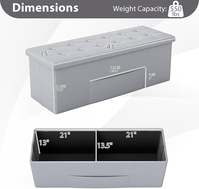 Giantex 43 Inches Folding Storage Ottoman Bench, Upholstered PU Leather Storage - Image 3