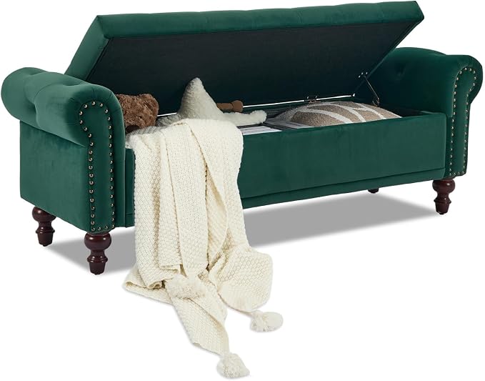 SOFTHION 58.1" Storage Bench for Bedroom, Velvet Upholstered, Dark Green | End by SofthionDesign