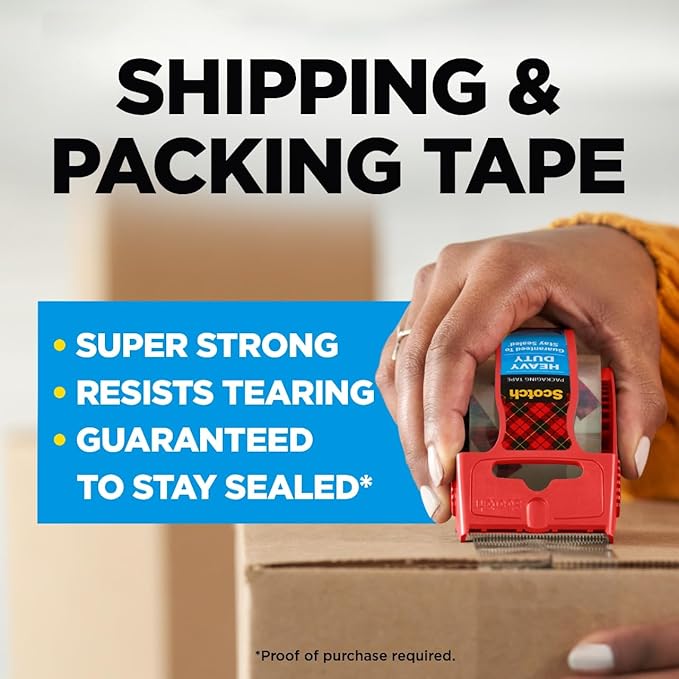 Scotch Heavy Duty Shipping Packing Tape, Clear, Packing Tape for Moving Boxes and Packaging Supplies, 1.88 in. x 22.2 yd., 6 Roll Dispensers, Moving Supplies