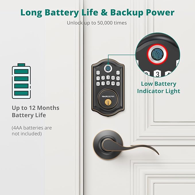 AkaGear DS10 Keyless Entry Door Lock with Handle - 2 Lever Handles, Fingerprint Door Lock, Keypad Deadbolt, 2 Keys, Code, Smart Locks for Front Door, Auto-Lock, Easy Installation - Oil Rubbed Bronze