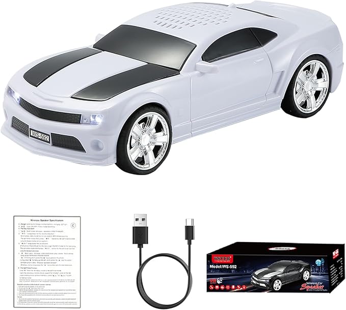 WSTER WS-592 Supercar Design Bluetooth Replica Speaker – Portable Car Model Wireless Speaker with TWS Stereo, FM Radio, LED Party Lights, USB/TF Playback, Hands-Free Calling, Microphone(White)